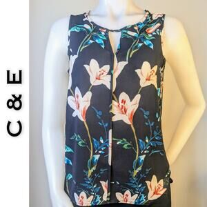 C & E Sleeveless Blouse Small Black Pink Tropical Floral V-Neck Cottagecore